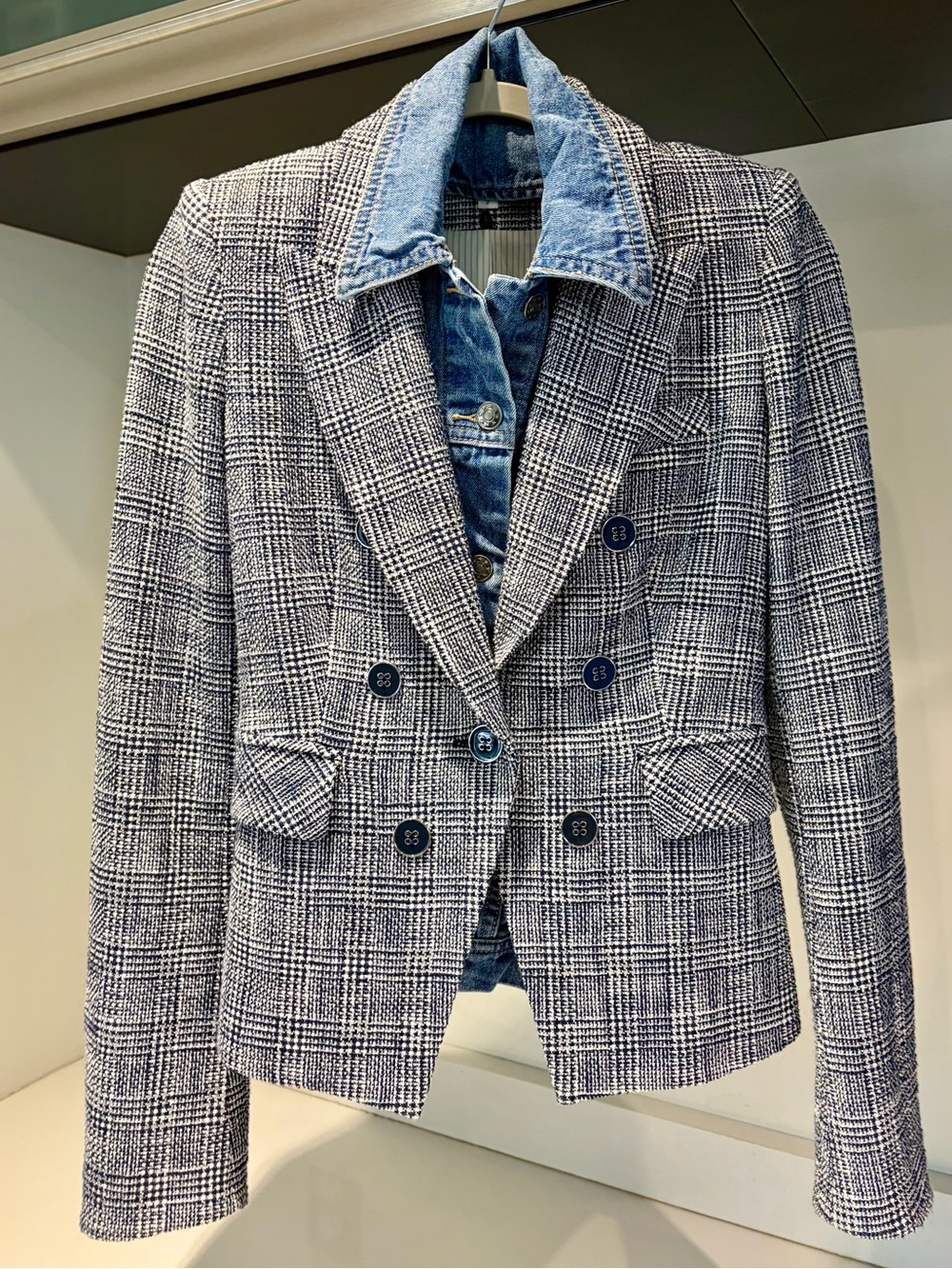 $798 Veronica Beard Diego Navy Blue white plaid Dickey Jacket sz 2